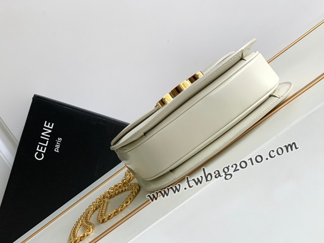 Celine專櫃2023新品TEEN BESACE TRIOMPHE鏈條亮澤牛皮革手袋 賽琳白色全皮凱旋門馬鞍包 sldj2393